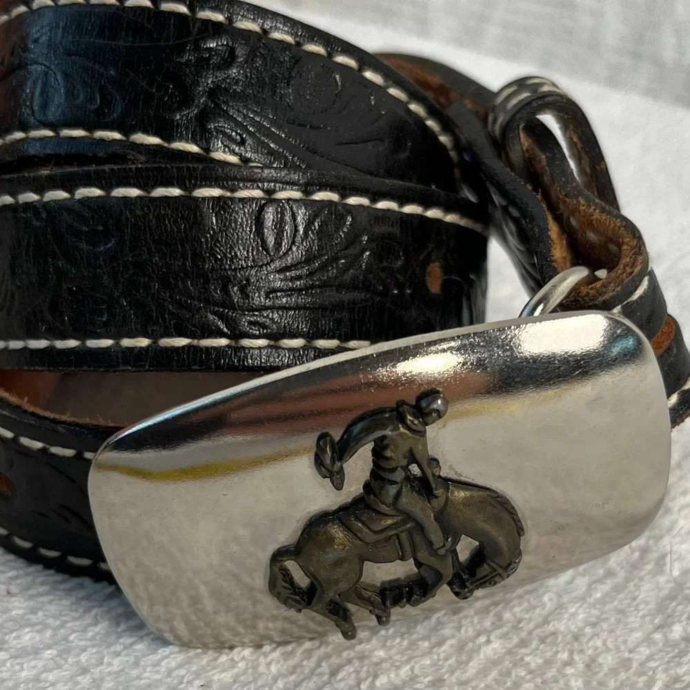 Acme Vintage Brown Leather Belt 26 With Bucking Bronc Cowboy Buckle made in USA